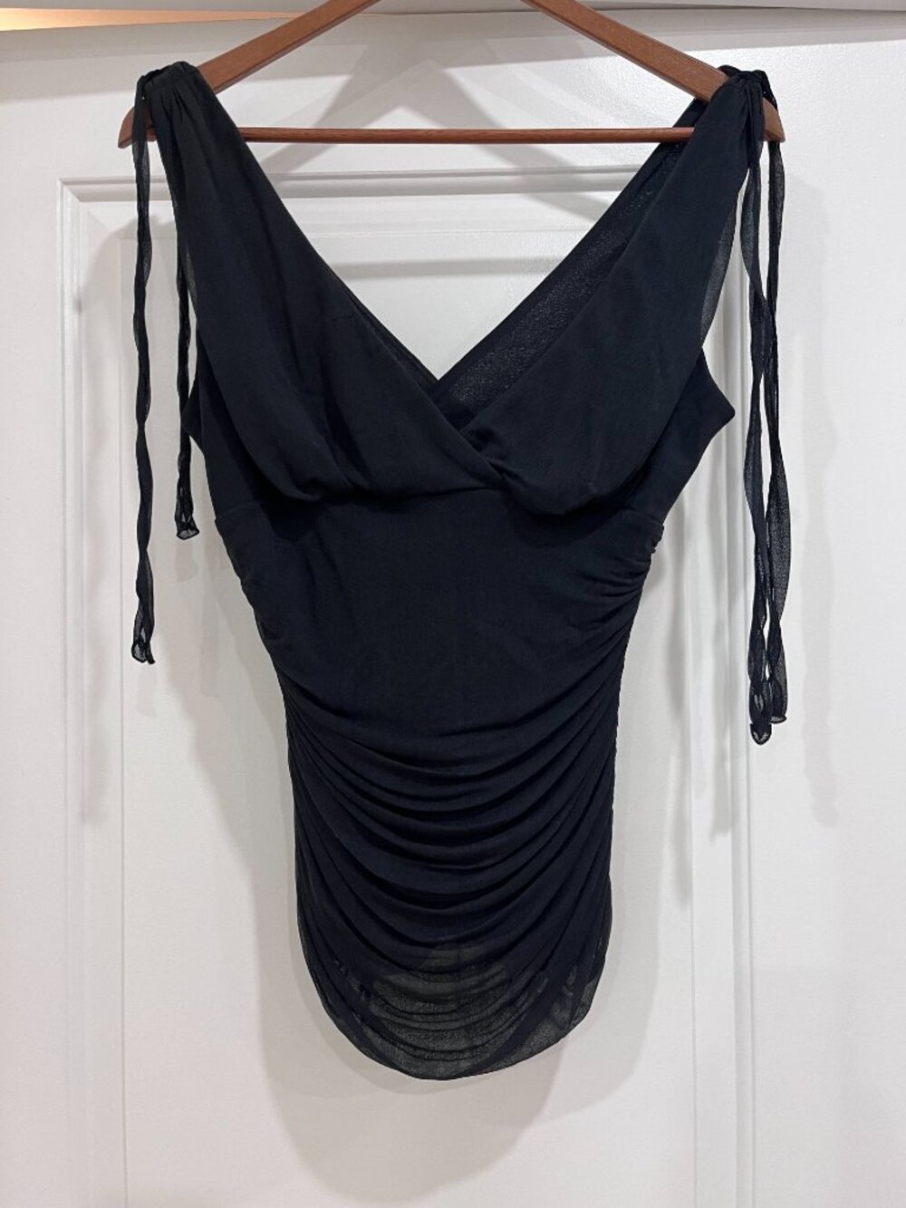 Vintage DVF Black Silk Chiffon Ruched Draped Evening Top, Size L, US 8-10 - Picture 9 of 11